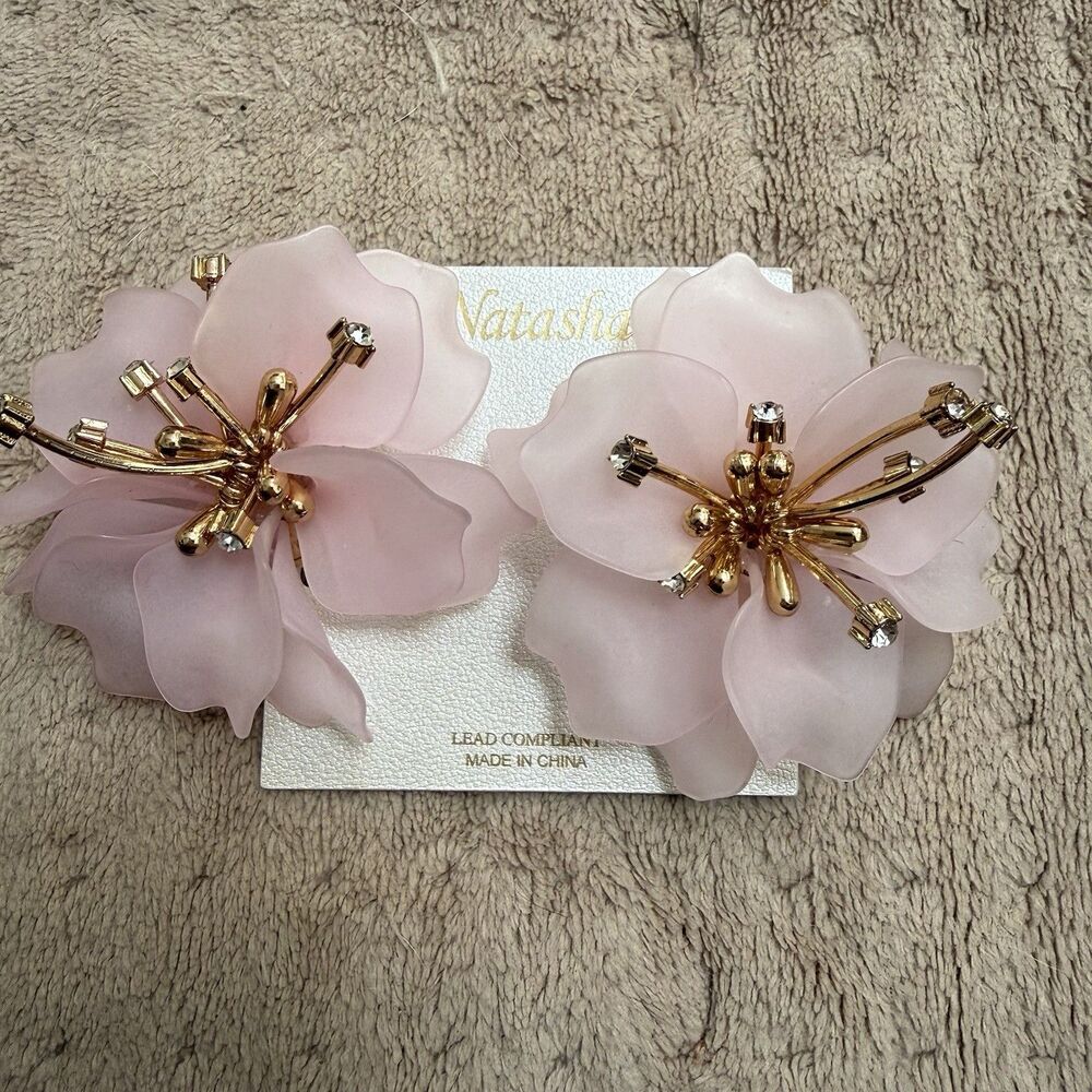 Natasha Large Gold Tone Floral Flower Statement Earrings Rhinestone Pierced New